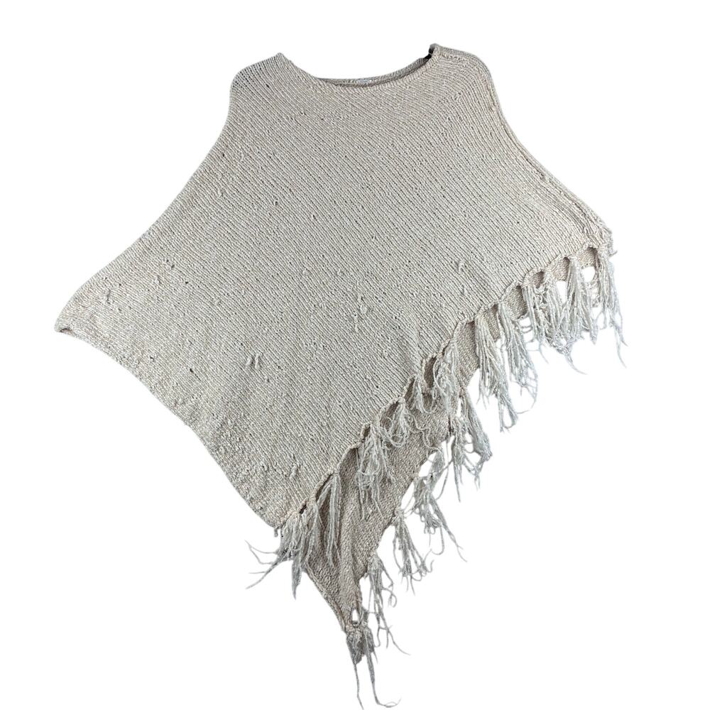 Chenille Cream Fringe Shawl Western Boho One Size Poncho Some Thread Pulls READ